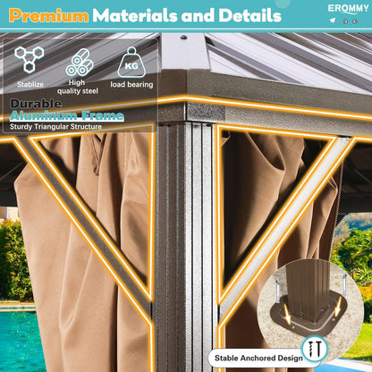 10'X10' Gazebo Hardtop, Galvanized Steel Double Roof Metal Gazebo with Aluminum Frame, Permanent Outdoor Pavilion with Curtain and Netting for Patio, Lawn and Garden, Brown