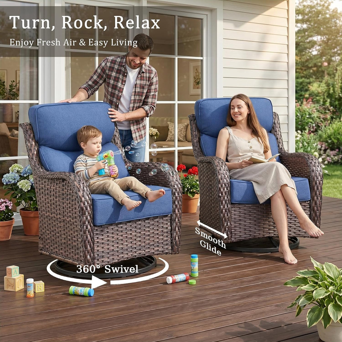 Luxury High Back Outdoor Furniture with 6-Inch Thick Cushions, Patio Furniture Set with Swivel Chairs, 5 PCS Wicker Conversation Set for Porch, Balcony, Deck and Yard
