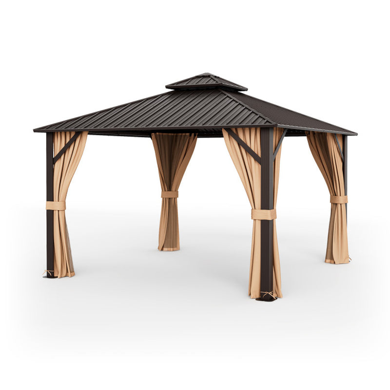 12 X 12 Feet Double-Roof Patio Hardtop Gazebo with Galvanized Steel Roof Netting and Curtains