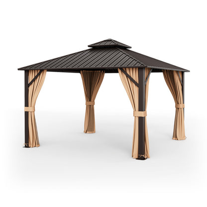 12 X 12 Feet Double-Roof Patio Hardtop Gazebo with Galvanized Steel Roof Netting and Curtains
