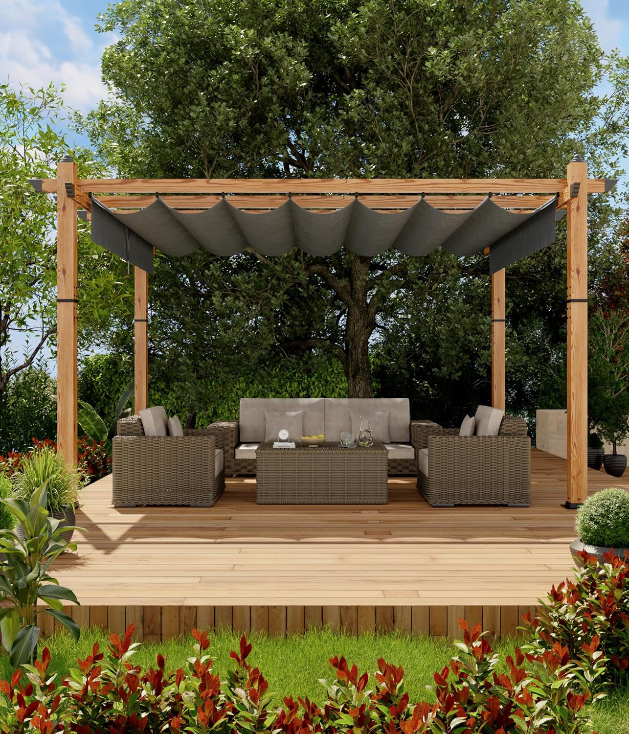10 X 13 Ft Wood-Grain Aluminum Pergola Outdoor Pergola with Retractable Canopy Sun Shade Shelter for Garden, Patio, Backyard, Deck - Grey