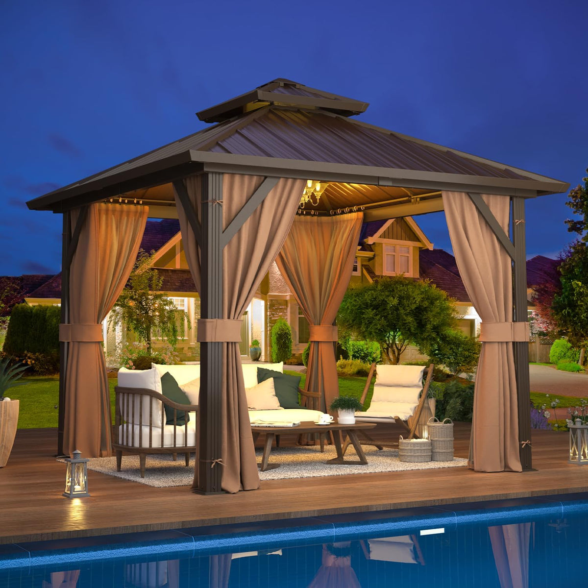 10'X10' Gazebo Hardtop, Galvanized Steel Double Roof Metal Gazebo with Aluminum Frame, Permanent Outdoor Pavilion with Curtain and Netting for Patio, Lawn and Garden, Brown