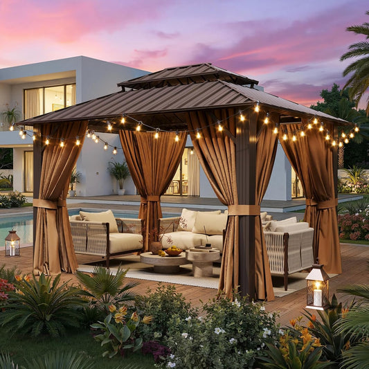 10X12Ft Hardtop Gazebo with 50FT Solar String Lights Brown