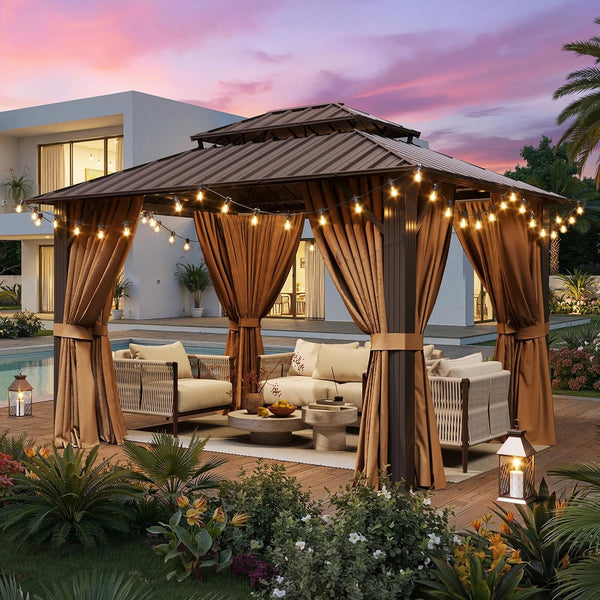 10X12Ft Hardtop Gazebo with 50FT Solar String Lights Brown