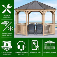 DIY Meridian 12 Ft. Octagon Enclosed Wood Outdoor Patio Gazebo with Brown Hardtop Metal Roof and 36 In. Guard Rail