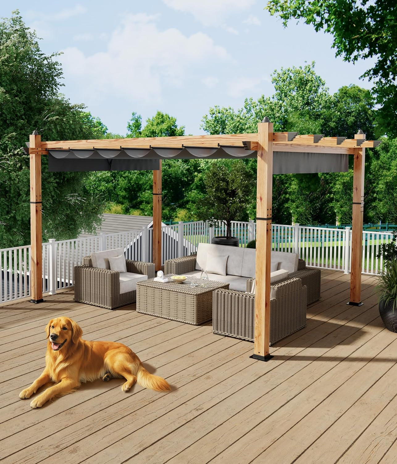 10 X 13 Ft Wood-Grain Aluminum Pergola Outdoor Pergola with Retractable Canopy Sun Shade Shelter for Garden, Patio, Backyard, Deck - Grey