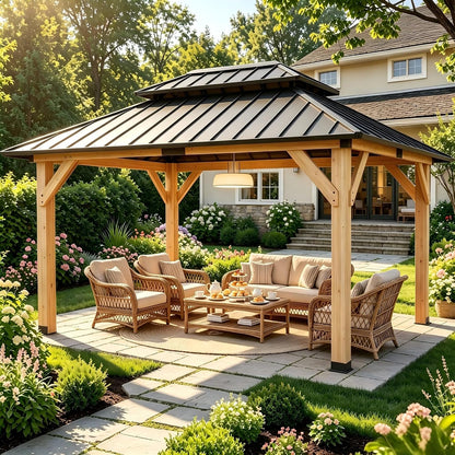 10' X 12' Wooden Gazebo,Patio Hardtop DIY Color Gazebo Wood | Permanent Pavilion with Galvanized Steel Double Metal Roof for Backyard, Deck(Windproof, Snow-Load Bearing,Rustproof)