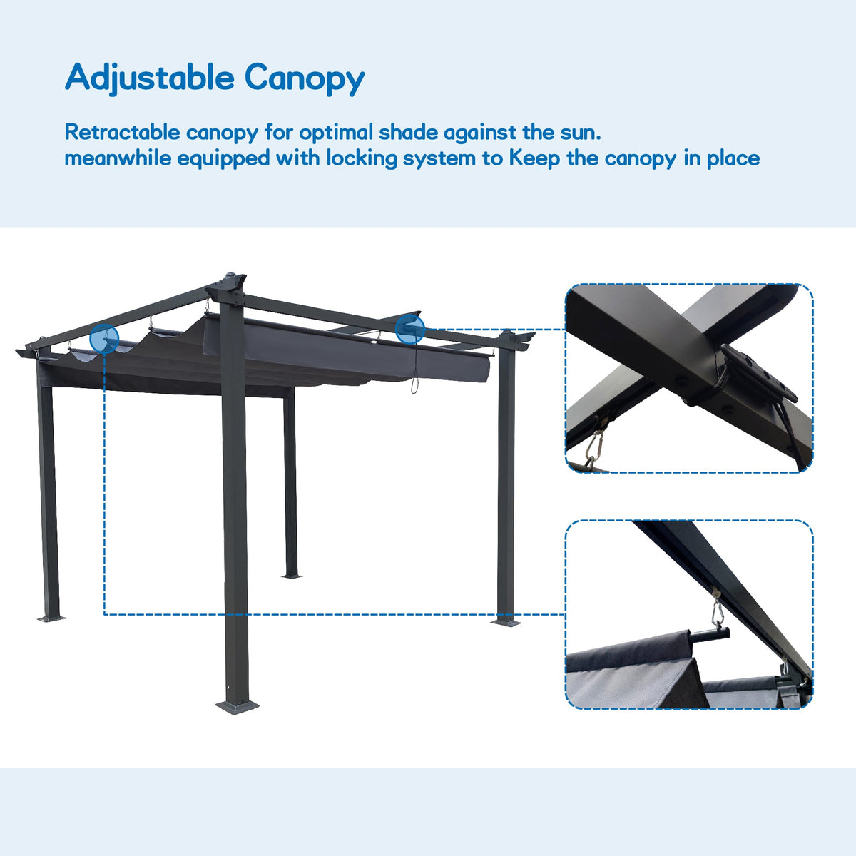 10x10 ft Retractable Aluminum Pergola with Gray Canopy
