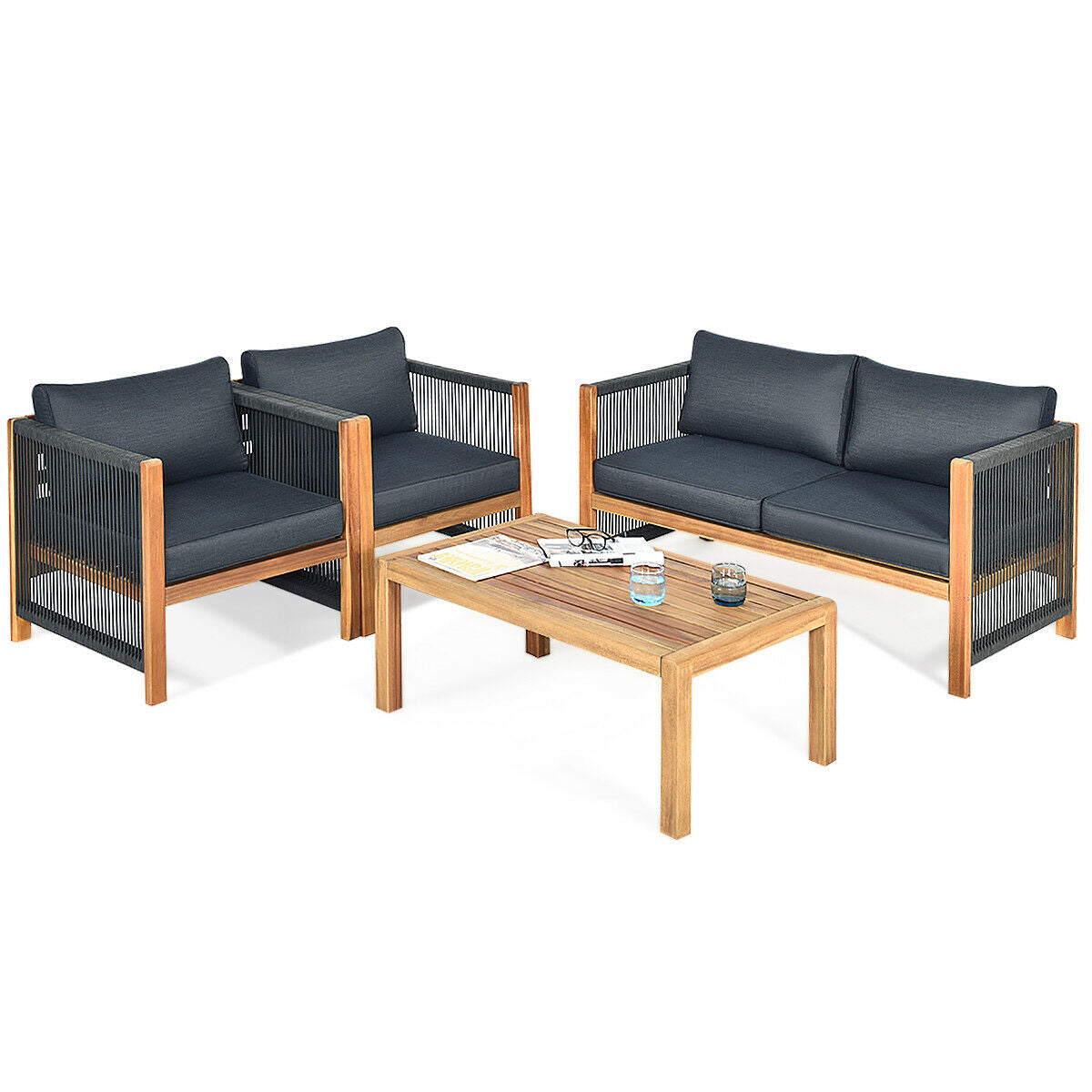 4-Piece Acacia Wood Patio Furniture Set with Cushions