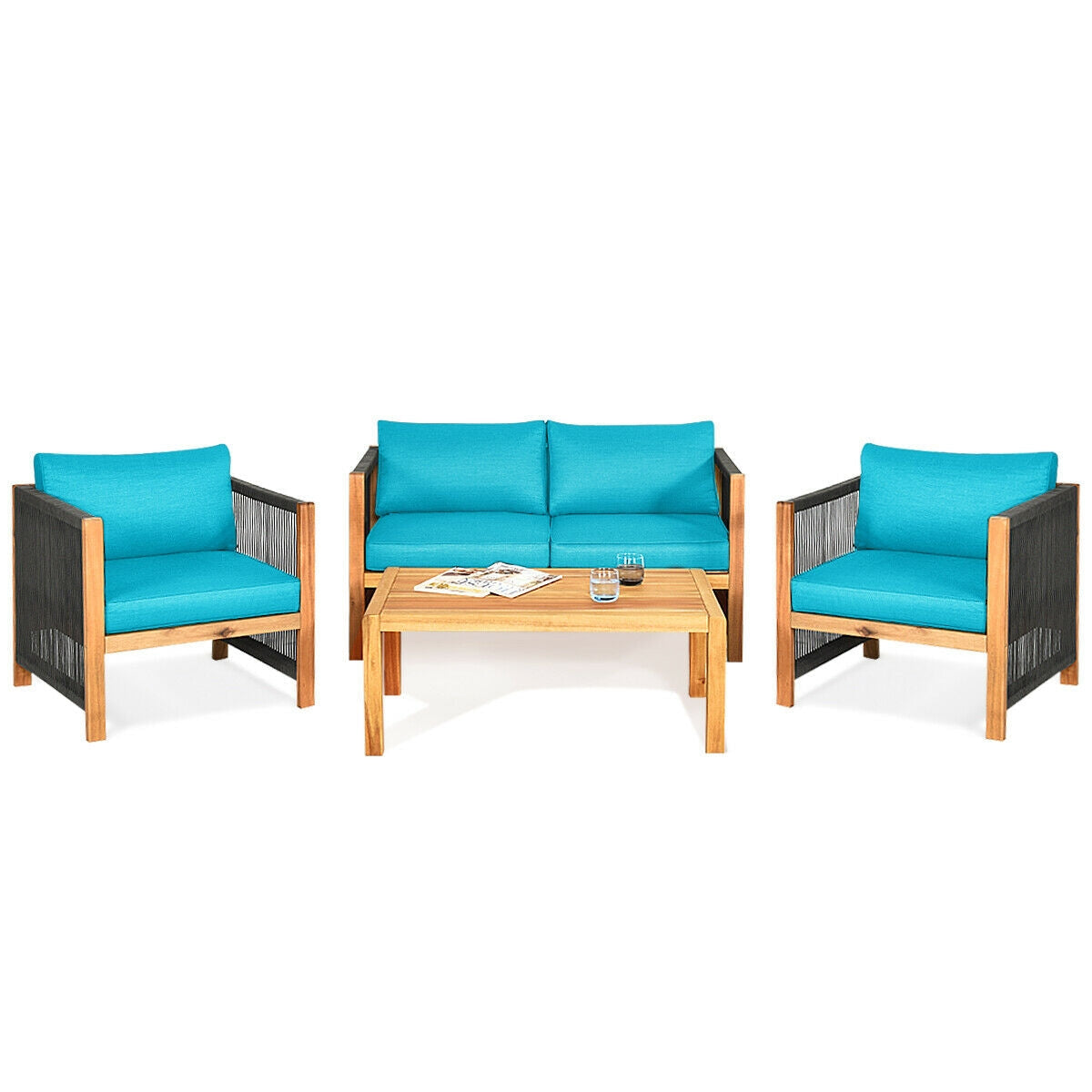 4-Piece Acacia Wood Patio Furniture Set with Cushions
