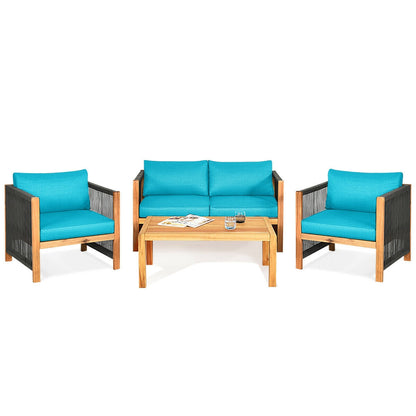 4-Piece Acacia Wood Patio Furniture Set with Cushions