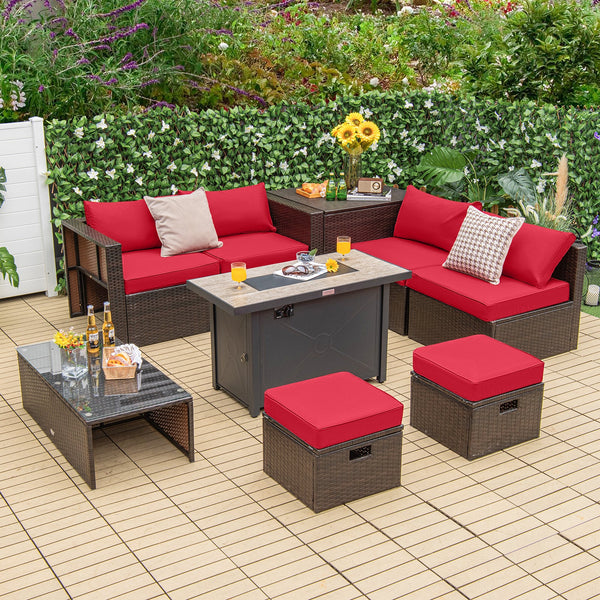 9-Piece Patio Wicker Furniture Set with 42-Inch Fire Pit
