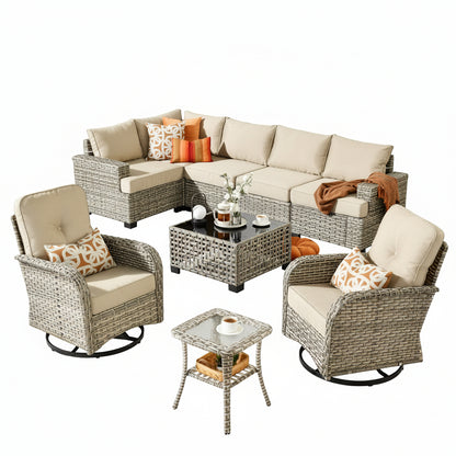 9-Piece Beige Wicker Patio Conversation Set with Swivel Chairs
