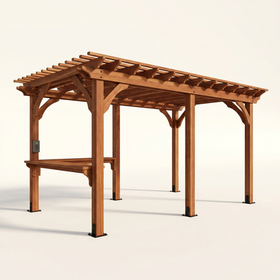 Cedar Wood Pergola Built to Withstand 100 MPH Winds, 10x14 Outdoor Shade Structure, Built-In Bar, Electric PowerPort