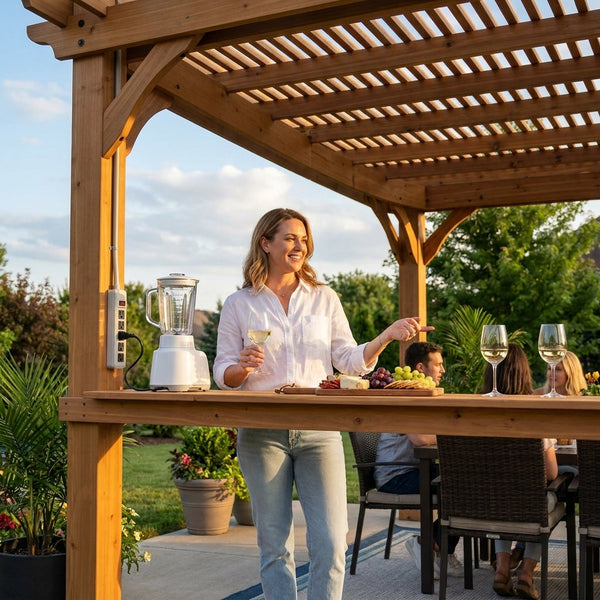 Cedar Wood Pergola Built to Withstand 100 MPH Winds, 10x14 Outdoor Shade Structure, Built-In Bar, Electric PowerPort