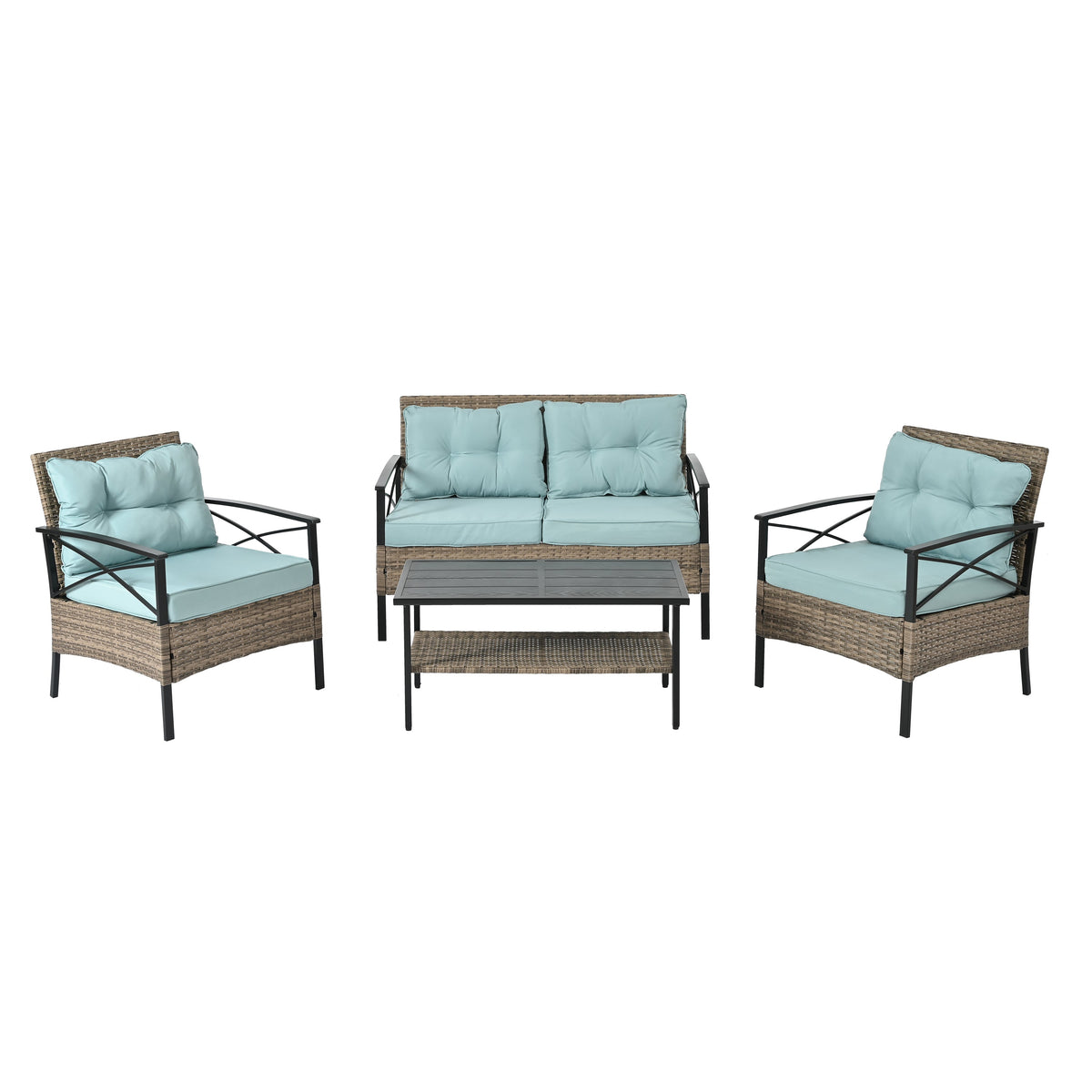 4-Piece Brown PE Rattan Patio Conversation Set with Cushions