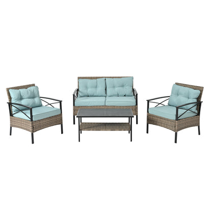 4-Piece Brown PE Rattan Patio Conversation Set with Cushions