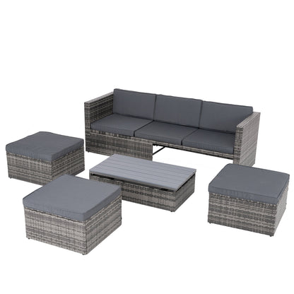5-Piece Dark Gray PE Rattan Patio Sofa Set with Lift-Top Table