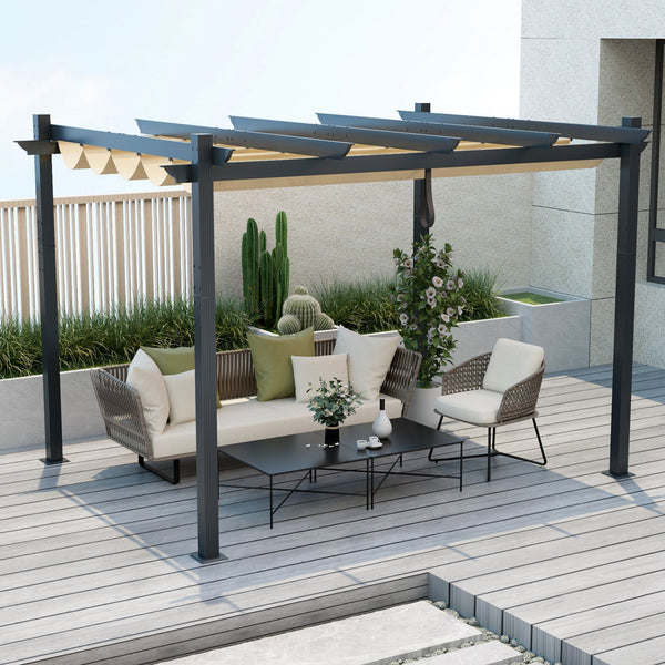 10 x 12 ft Retractable Aluminum Pergola Canopy, Beige Trellis