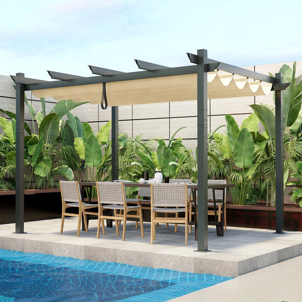 10 x 12 ft Retractable Aluminum Pergola Canopy, Beige Trellis
