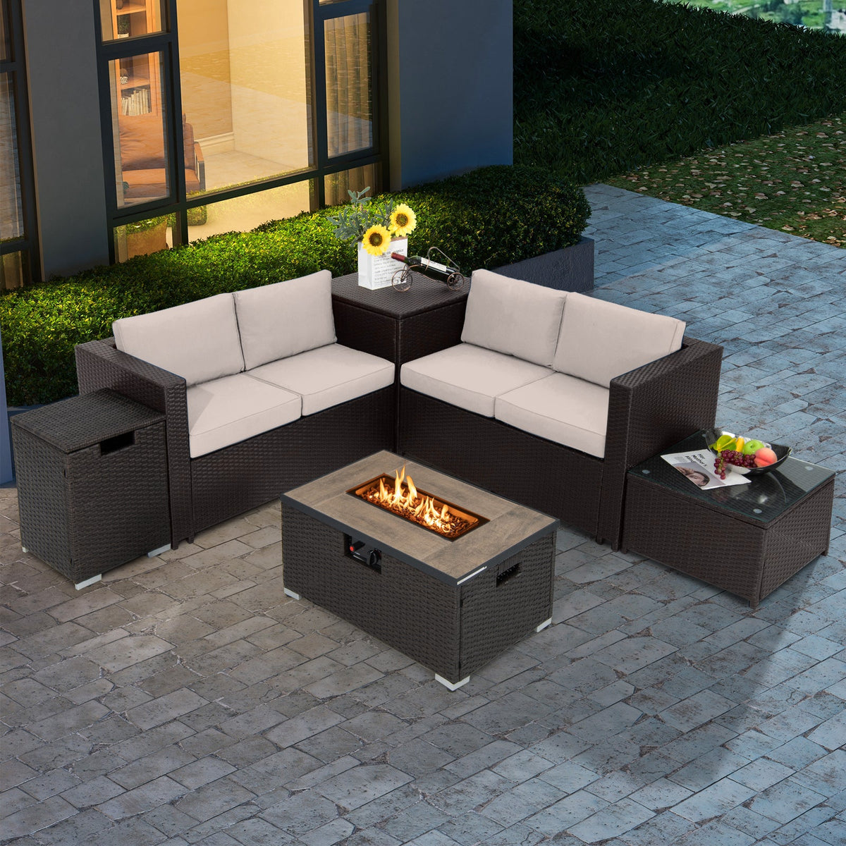 6-Piece Outdoor Wicker Furniture Set with 32-In. Fire Pit