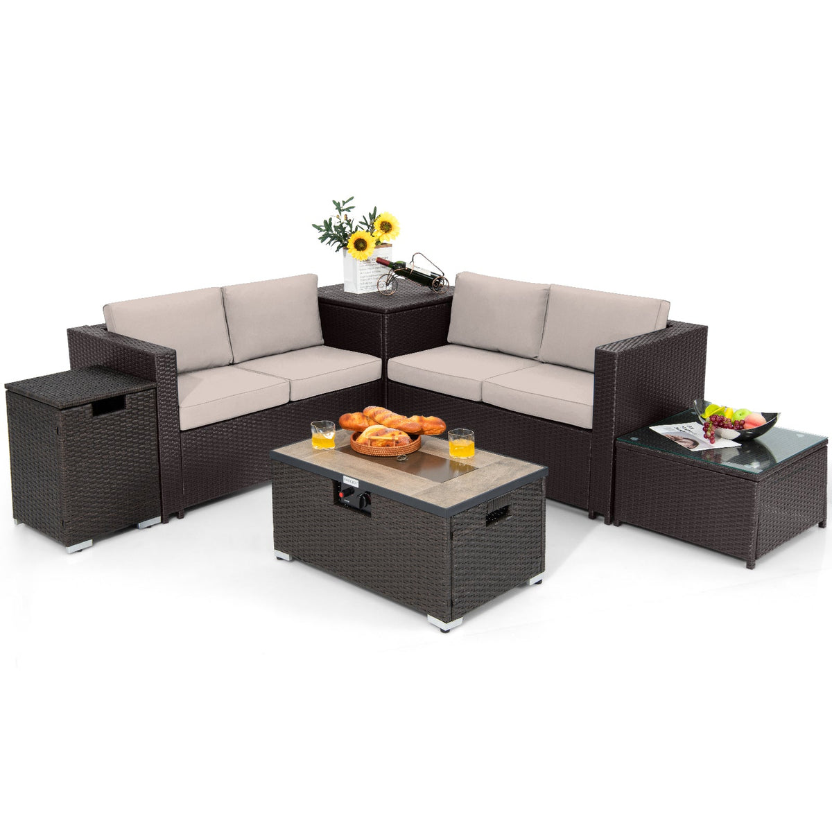 6-Piece Outdoor Wicker Furniture Set with 32-In. Fire Pit