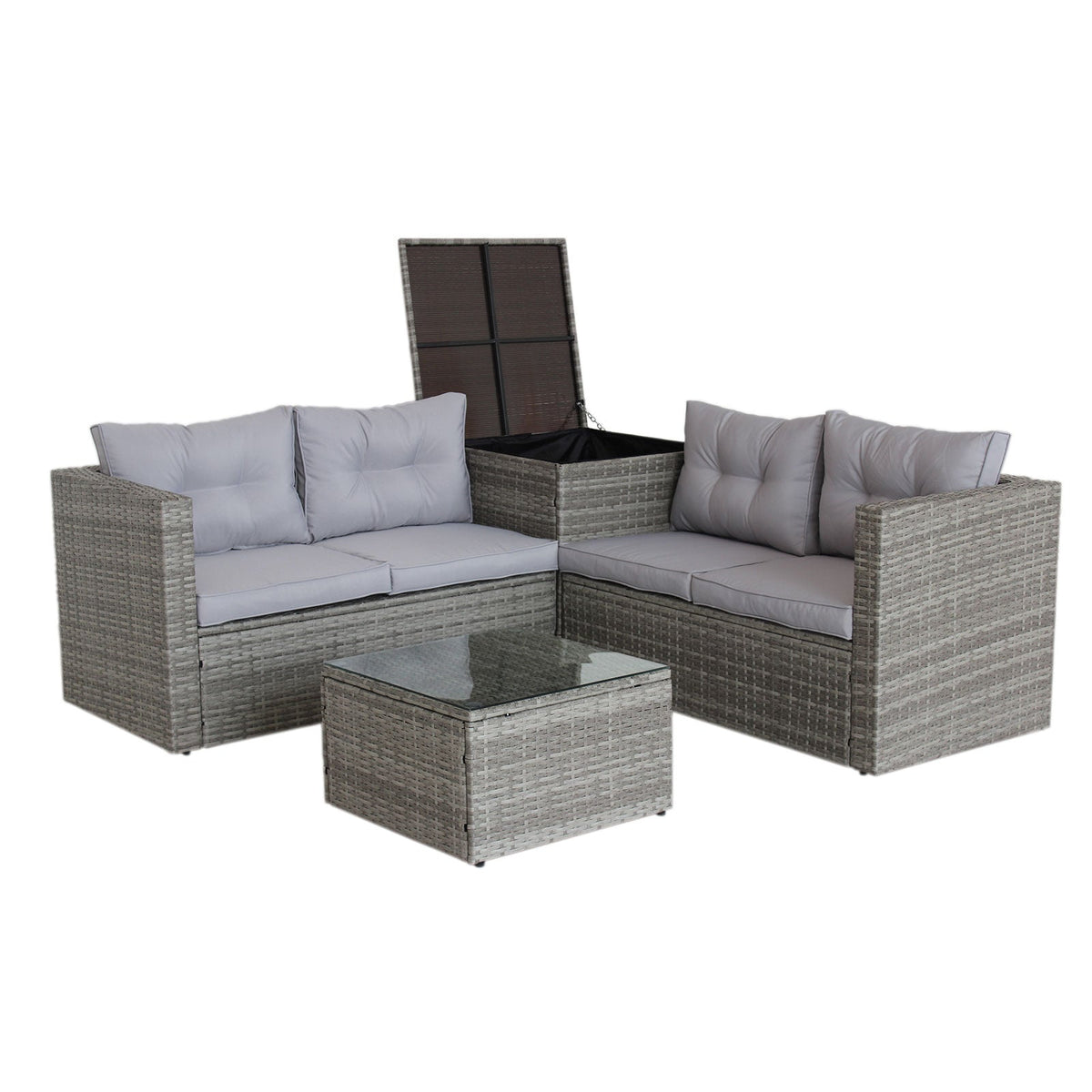4-Piece Gray Wicker Rattan Patio Sectional Set with Storage Box