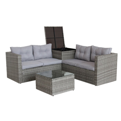 4-Piece Gray Wicker Rattan Patio Sectional Set with Storage Box