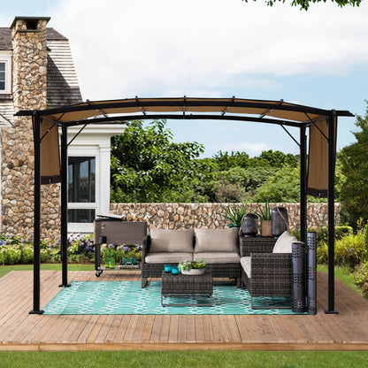 12x9 ft Retractable Steel Pergola with Beige and Brown Canopy