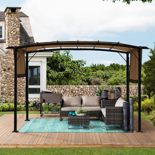 12x9 ft Retractable Steel Pergola with Beige and Brown Canopy