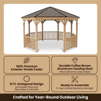 DIY Meridian 12 Ft. Octagon Enclosed Wood Outdoor Patio Gazebo with Brown Hardtop Metal Roof and 36 In. Guard Rail — Results & Stats