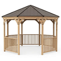 DIY Meridian 12 Ft. Octagon Enclosed Wood Outdoor Patio Gazebo with Brown Hardtop Metal Roof and 36 In. Guard Rail — Studio Shot