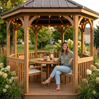 DIY Meridian 12 Ft. Octagon Enclosed Wood Outdoor Patio Gazebo with Brown Hardtop Metal Roof and 36 In. Guard Rail — Lifestyle