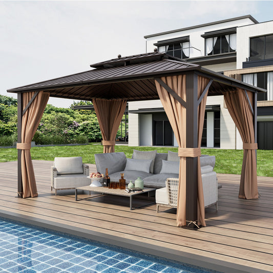 10 x 13 ft Hardtop Gazebo with Steel Roof, Netting and Curtains