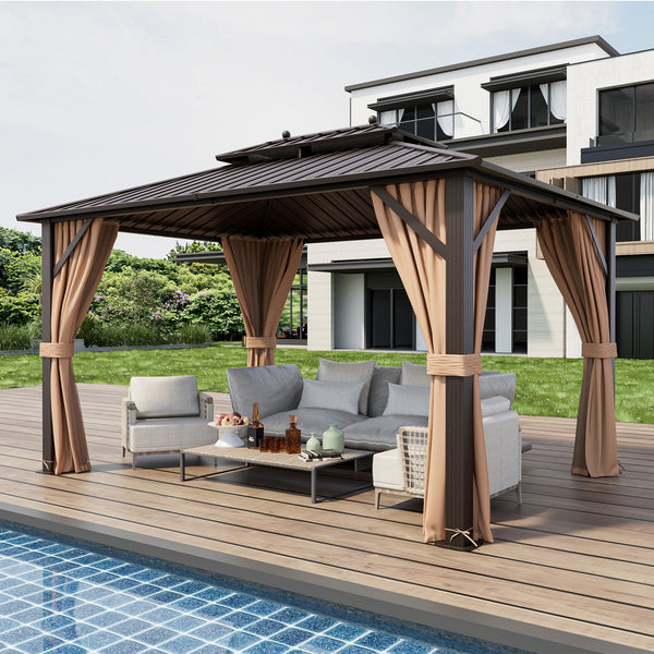 10 x 13 ft Hardtop Gazebo with Steel Roof, Netting and Curtains