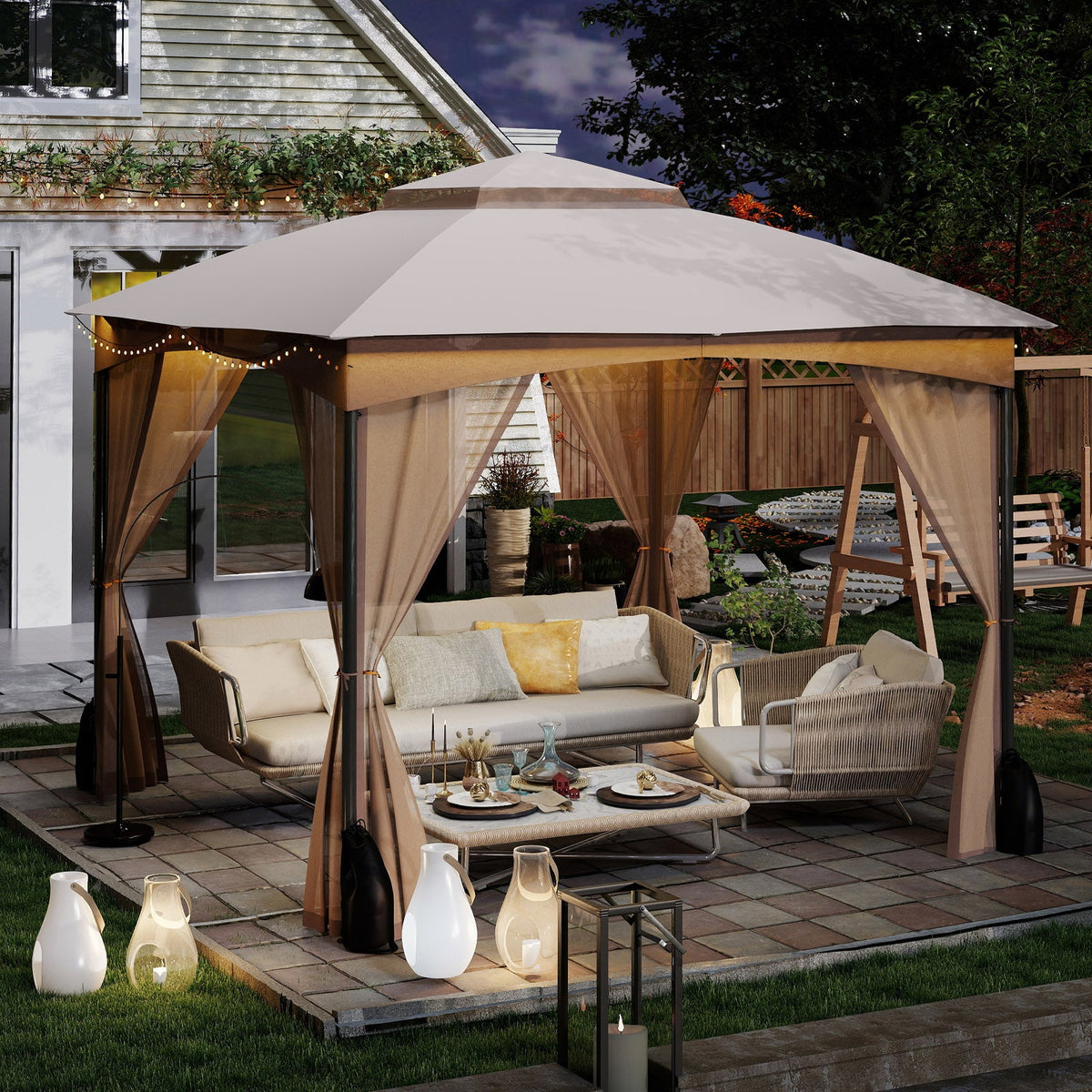 10 x 10 ft Patio Gazebo with Mesh Walls and Sandbags