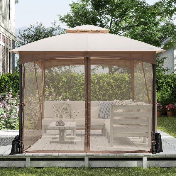 10 x 10 ft Patio Gazebo with Mesh Walls and Sandbags