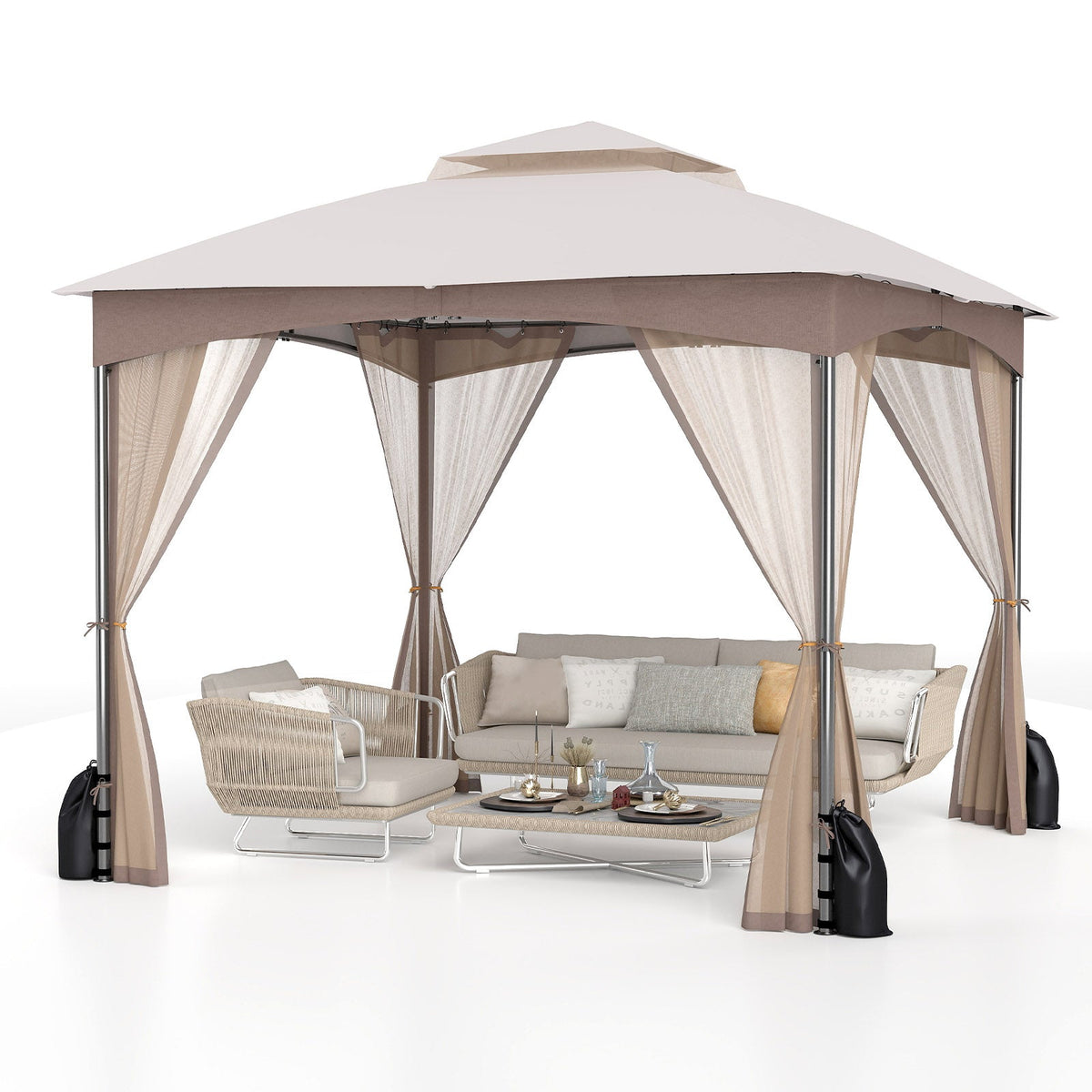10 x 10 ft Patio Gazebo with Mesh Walls and Sandbags