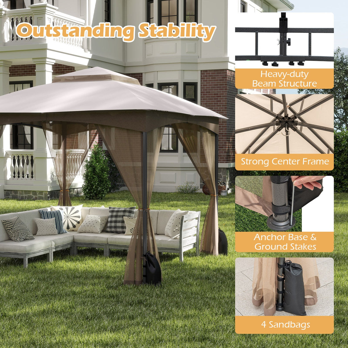 10 x 10 ft Patio Gazebo with Mesh Walls and Sandbags