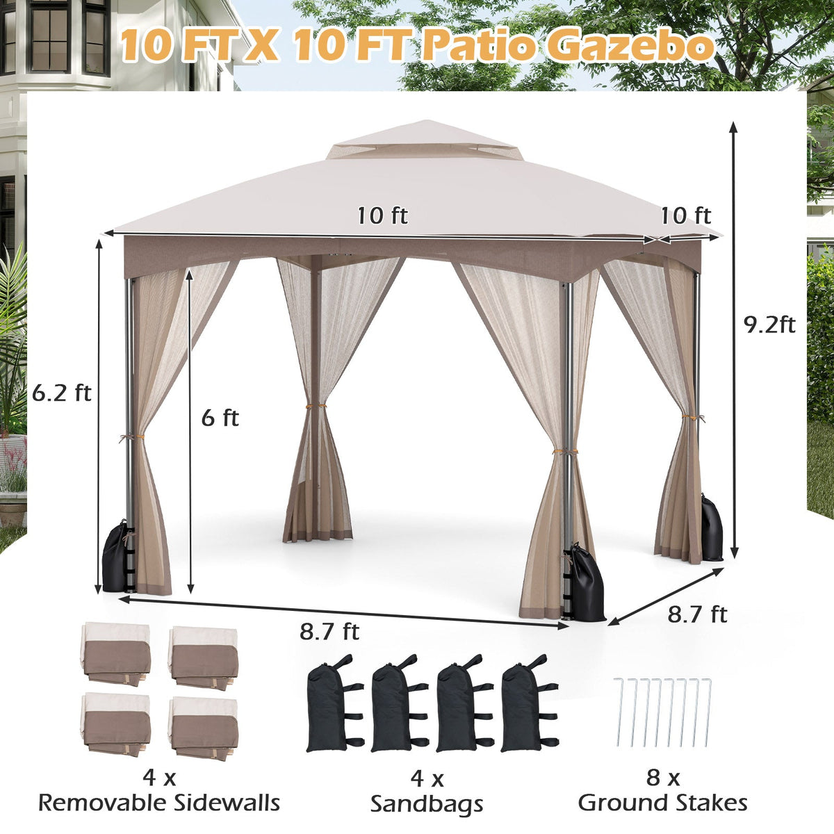 10 x 10 ft Patio Gazebo with Mesh Walls and Sandbags