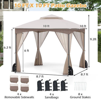 10 x 10 ft Patio Gazebo with Mesh Walls and Sandbags