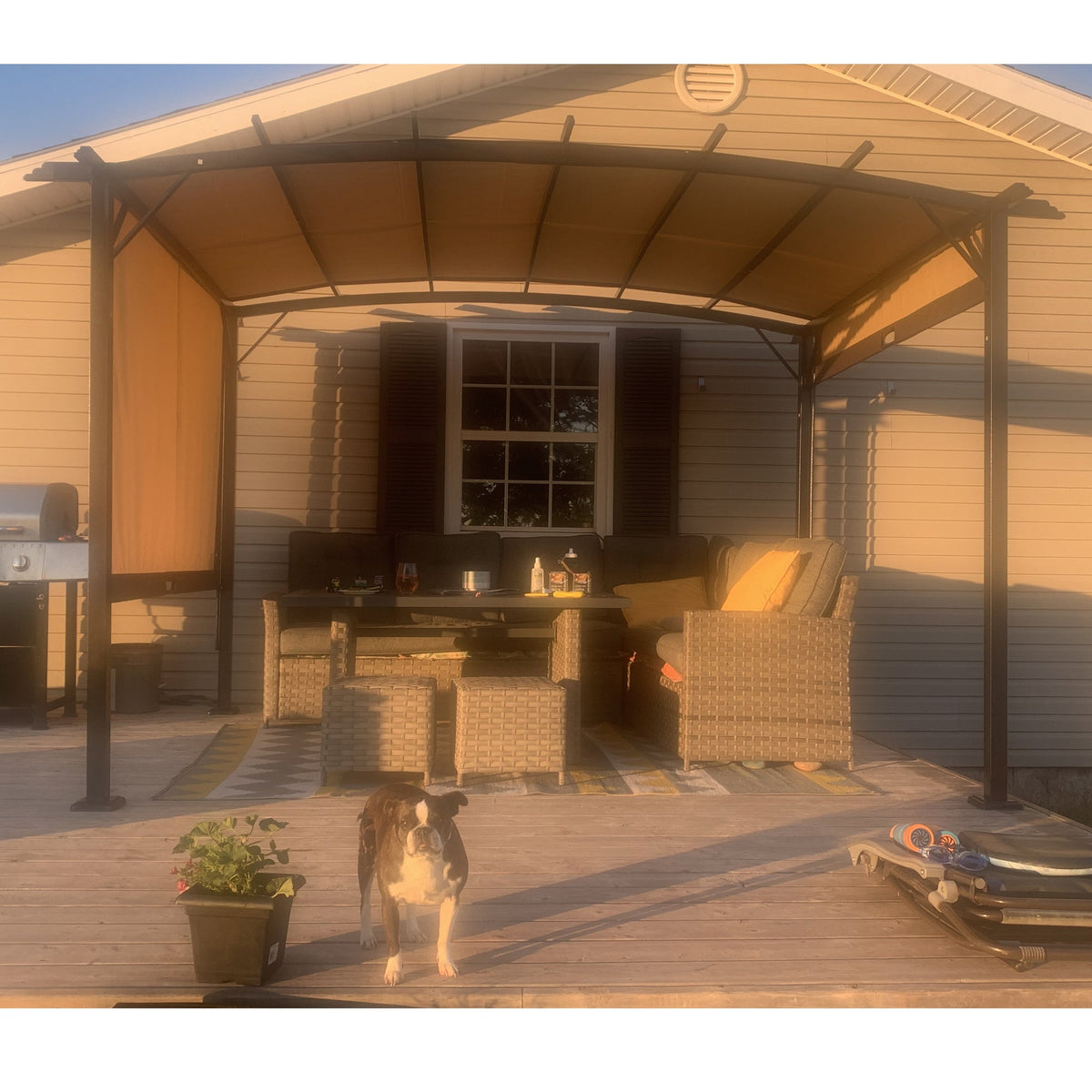 12x9 ft Retractable Steel Pergola with Beige and Brown Canopy