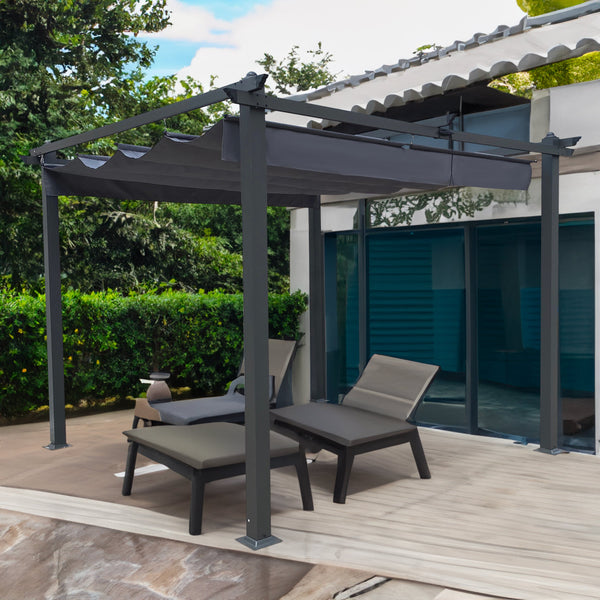 10x10 ft Retractable Aluminum Pergola with Gray Canopy