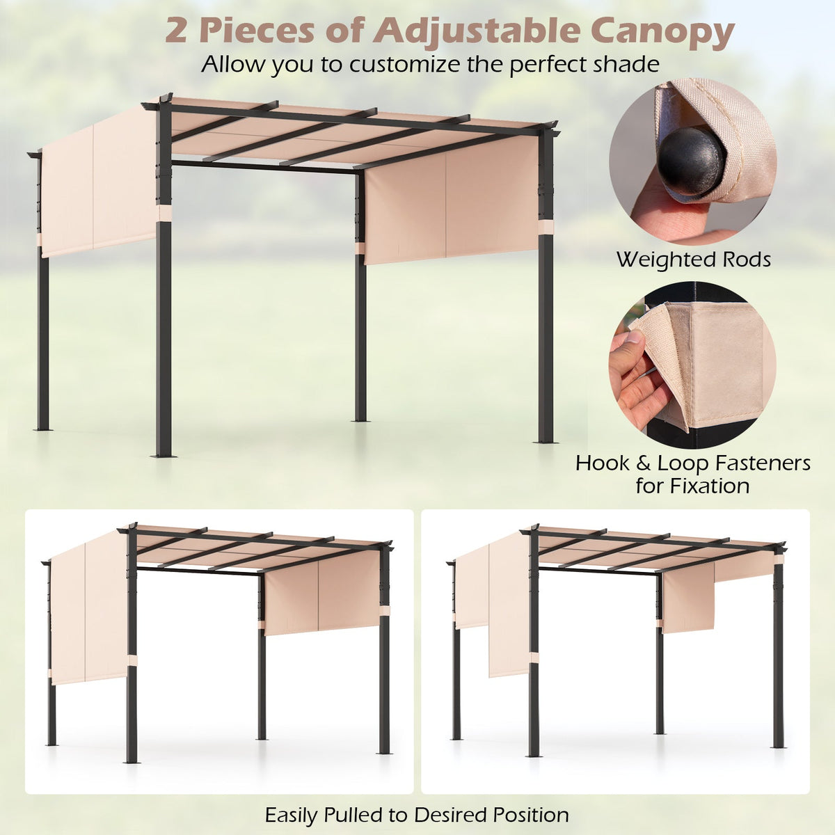10x10 ft Metal Pergola with Adjustable Retractable Canopy