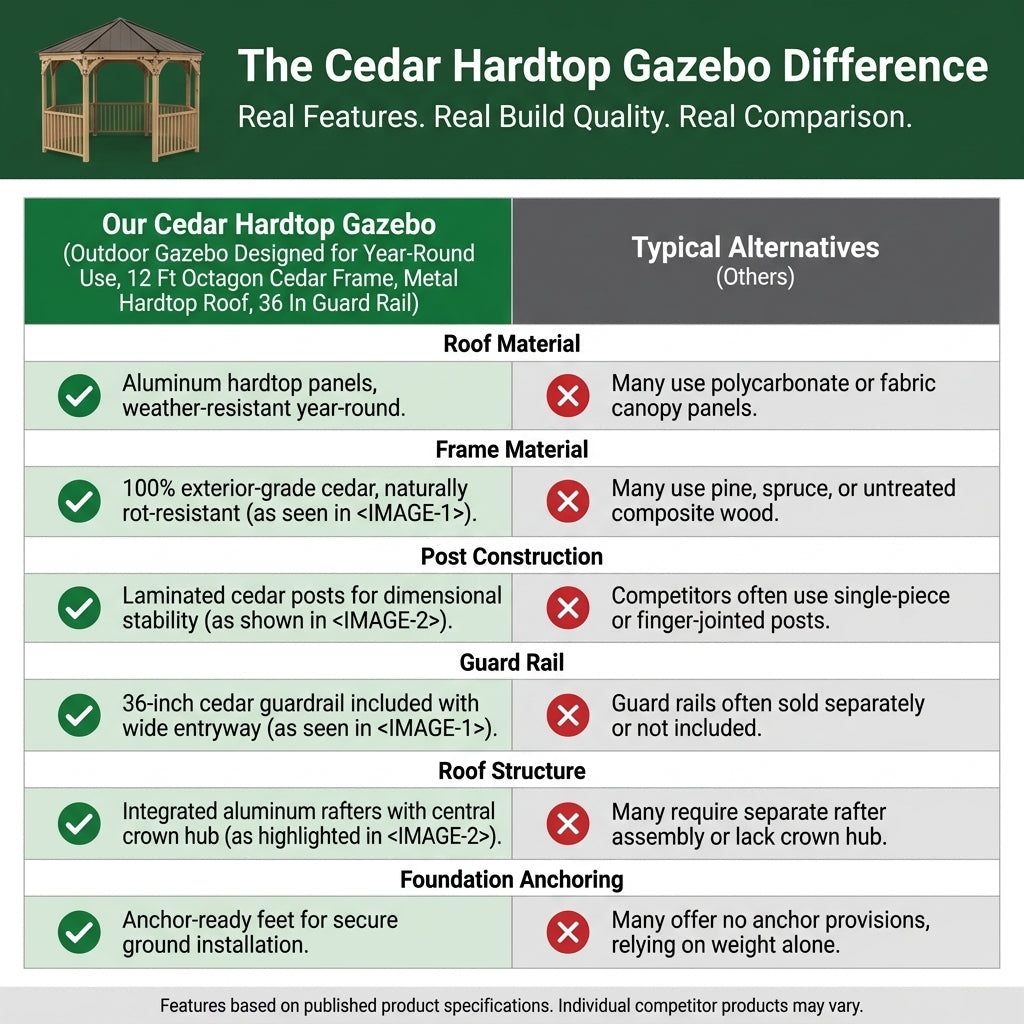 Outdoor Gazebo Designed for Year-Round Use, 12 Ft Octagon Cedar Frame, Metal Hardtop Roof, 36 In Guard Rail — Comparison