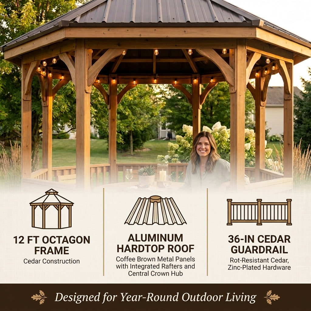 Outdoor Gazebo Designed for Year-Round Use, 12 Ft Octagon Cedar Frame, Metal Hardtop Roof, 36 In Guard Rail — Results & Stats