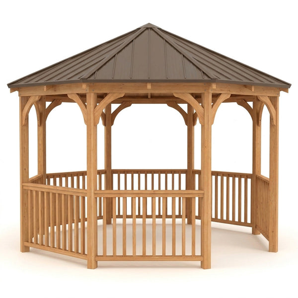 Outdoor Gazebo Designed for Year-Round Use, 12 Ft Octagon Cedar Frame, Metal Hardtop Roof, 36 In Guard Rail — Studio Shot