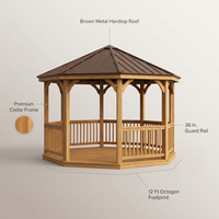 Outdoor Gazebo Designed for Year-Round Use, 12 Ft Octagon Cedar Frame, Metal Hardtop Roof, 36 In Guard Rail — infographic