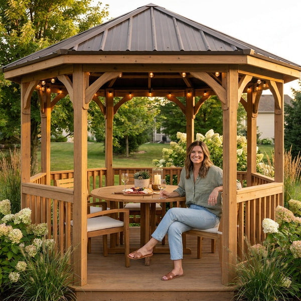 Outdoor Gazebo Designed for Year-Round Use, 12 Ft Octagon Cedar Frame, Metal Hardtop Roof, 36 In Guard Rail