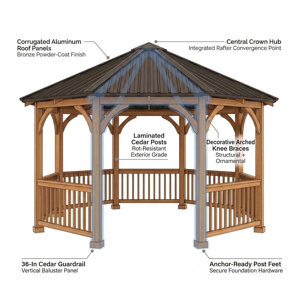 Outdoor Gazebo Designed for Year-Round Use, 12 Ft Octagon Cedar Frame, Metal Hardtop Roof, 36 In Guard Rail — How It Works